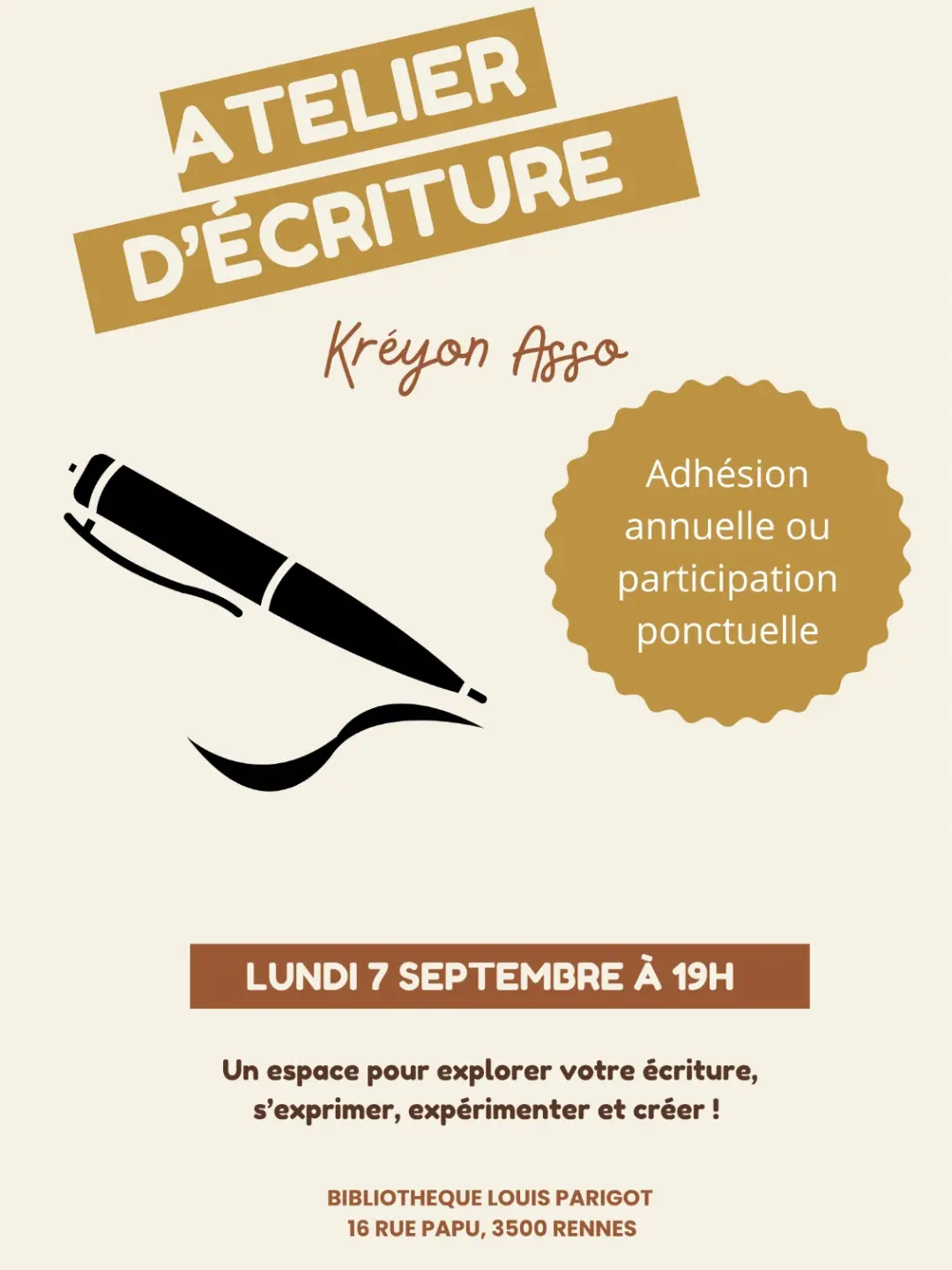 Affiche de l'atelier d'écriture du 7 septembre 2026