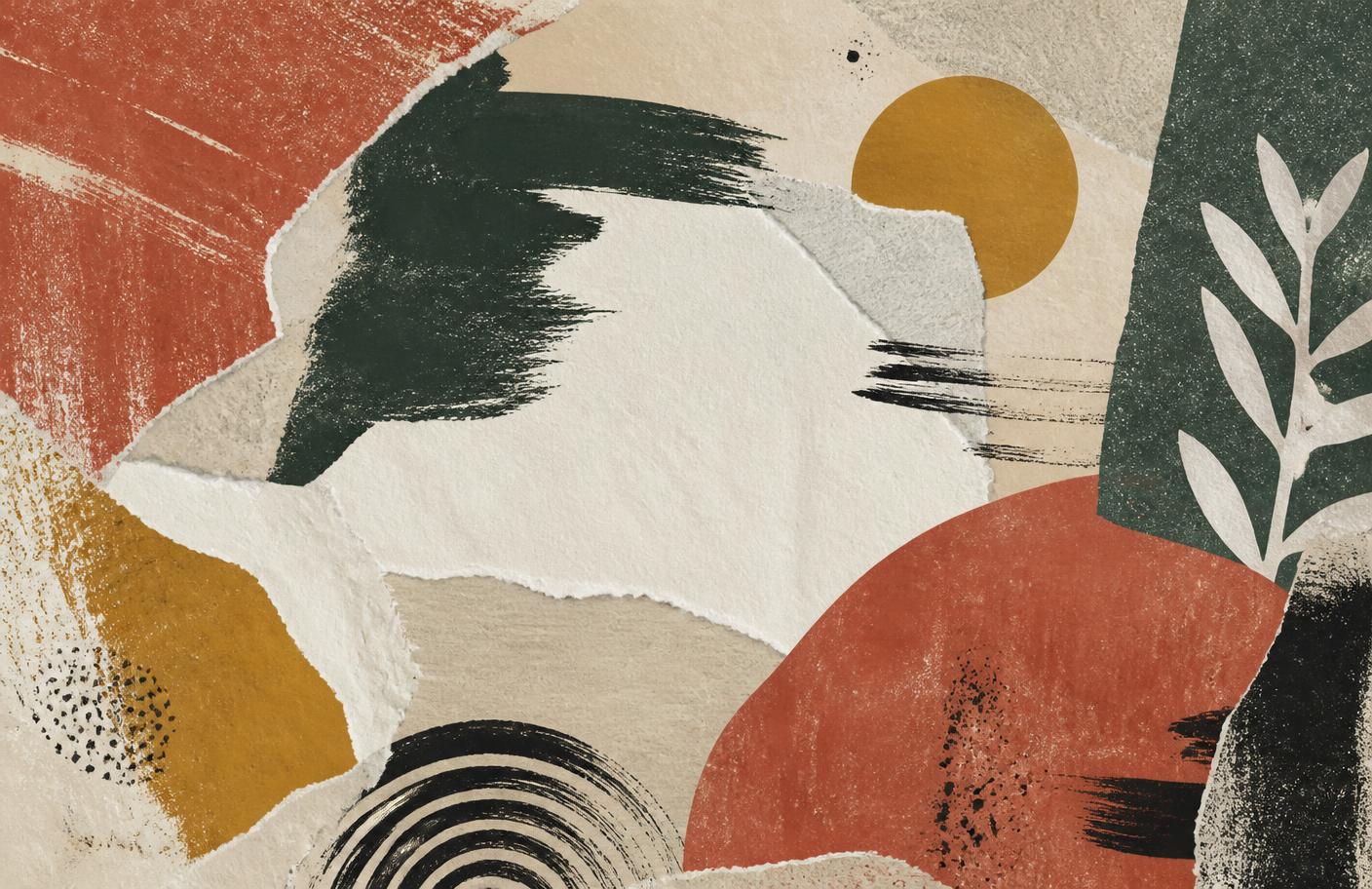 Collage de papiers et d'encres aux couleurs terre cuite, ocre, vert profond